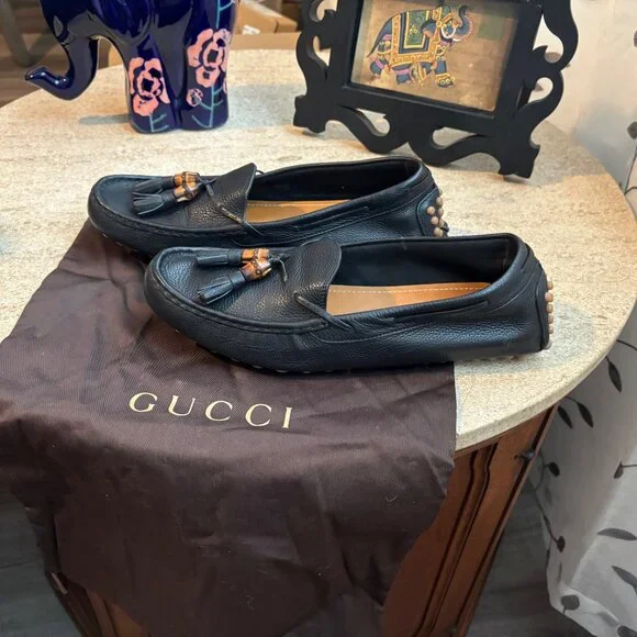 GUCCI HEBRON NERO Leather Bamboo Loafers - Size 8 1/2 (8.5) - Black. - Picture 2 of 9